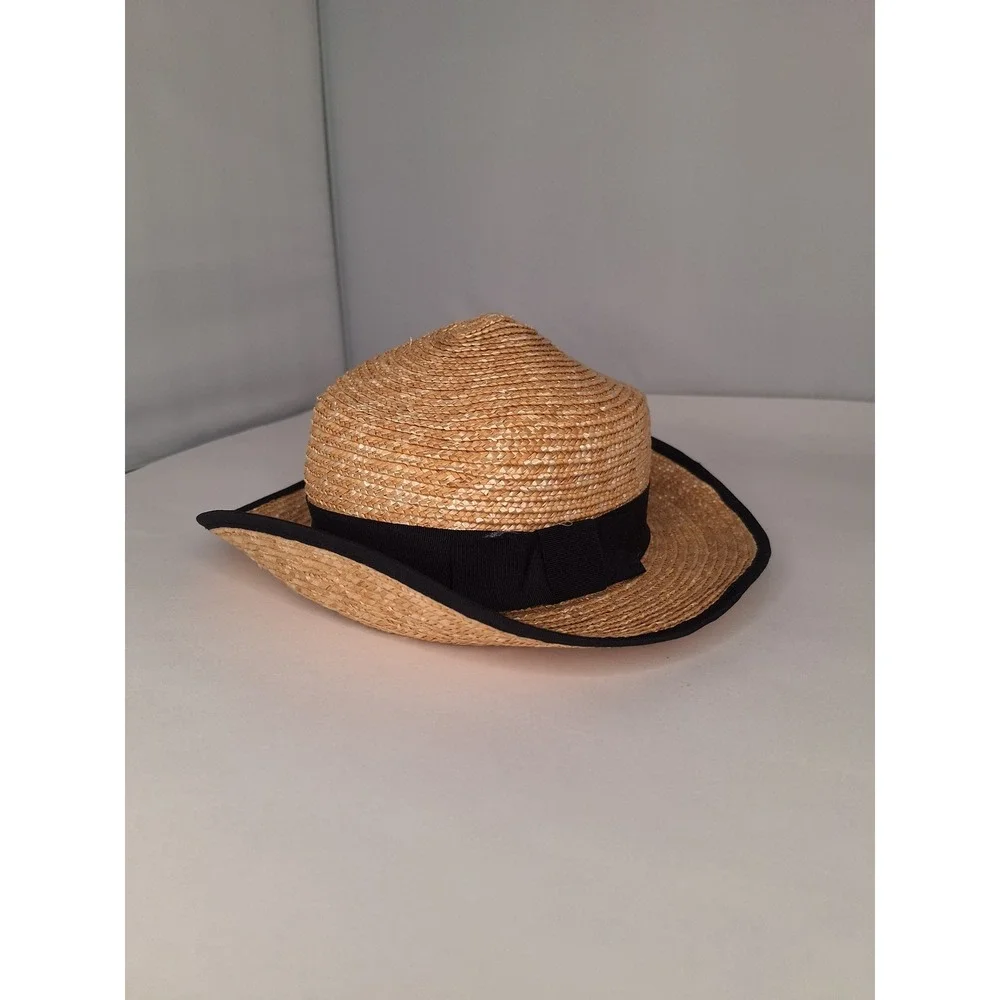 ZARA Straw Fedora Hat Black‎ Ribbon Band Classic Style